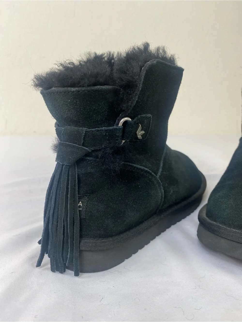 Koolaburra Black Suede Shearling Tassel Ankle Boots